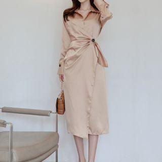 Long-sleeve Draped Midi A-line Shirtdress