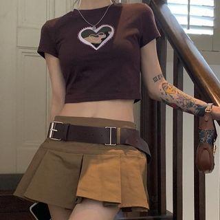 Plain Mini Skirt / Short-sleeve Embroidered Cropped T-shirt