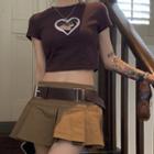 Plain Mini Skirt / Short-sleeve Embroidered Cropped T-shirt