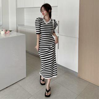 Puff-sleeve Striped Midi Knit Dress Stripe - Black & White - One Size