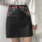 Floral Embroidered Faux Leather A-line Skirt