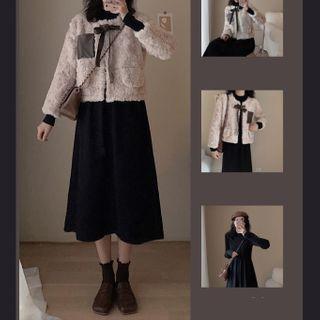 Fleece Jacket / Long-sleeve Knit Midi Dress / Set