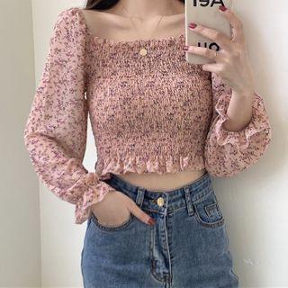 Ruffle Trim Floral Long-sleeve Cropped Blouse