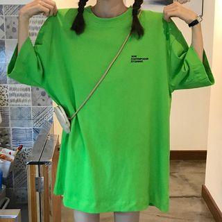 Lettering Elbow-sleeve Buttoned Back T-shirt
