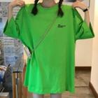 Lettering Elbow-sleeve Buttoned Back T-shirt