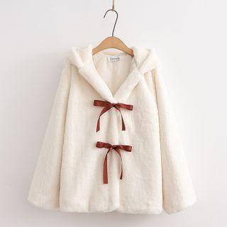 Bow-front Hooded Fluffy Jacket