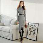 Mock-neck Slit-front Rib-knit Dress