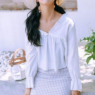 V-neck Frill Trim Blouse White - One Size