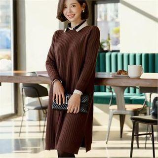 Round-neck Rib-knit Dress Wine Red - One Size