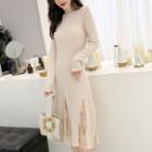 Long-sleeve Turtleneck Lace Panel A-line Knit Dress