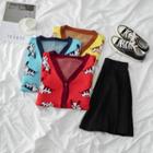 Dog Print V-neck Cardigan / Pleated A-line Skirt