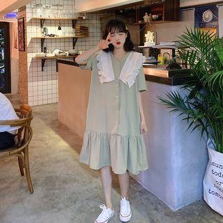 Elbow-sleeve Ruffled Paneled Midi Dress