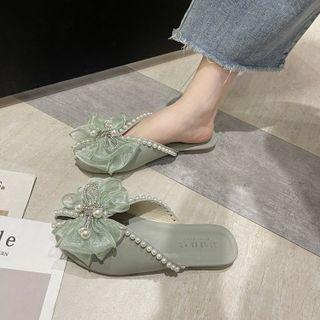 Faux Pearl Rhinestone Mesh Bow Flat Mules
