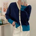 Contrast Trim V-neck Long-sleeve Cardigan Blue - One Size