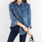 Dual-pocket Paint-splatter Denim Shirt
