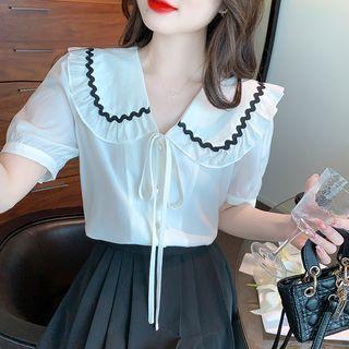 Short-sleeve Collared Tie Neck Blouse