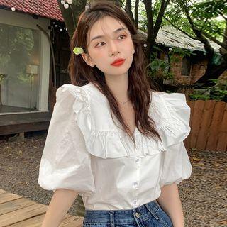 Puff-sleeve Ruffle Shirt White - One Size