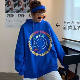 Long-sleeve Hooded Print Loose-fit Top