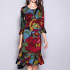 3/4-sleeve Floral Print A-line Knit Dress