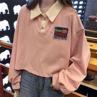 Applique Collared Lantern-sleeve T-shirt