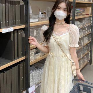 Short-sleeve Lace-trim Dress Off-white - One Size