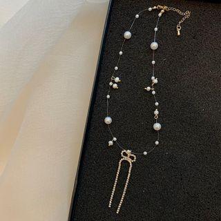 Bow Faux Pearl Choker Gold & White - One Size