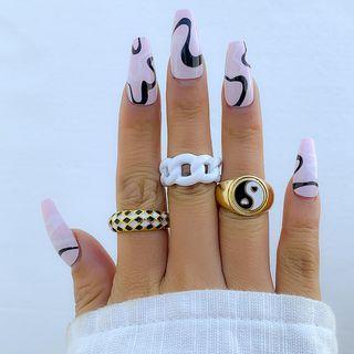 Set Of 3: Enamel Ring + Open Ring Set Of 3 - 3105 - Enamel Ring & Open Ring - White & Gold - One Size