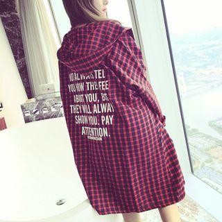 Lettering Plaid Hooded Long Shirt