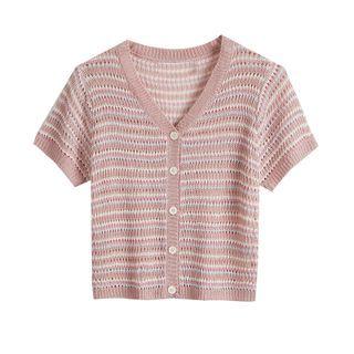 Stripe Short Sleeve Eyelet Knit Cardigan