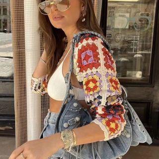 Long Sleeve Crochet Knit Floral Print Crop Cardigan