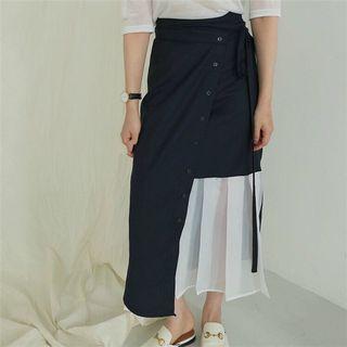 Pleated Mesh Panel Midi Skirt