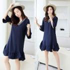 3/4-sleeve V-neck Ruffled Dress