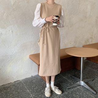 Drawstring Waist Panel Knit Midi Dress