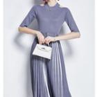Set: Cold-shoulder Knit Top + Pleated Midi A-line Skirt