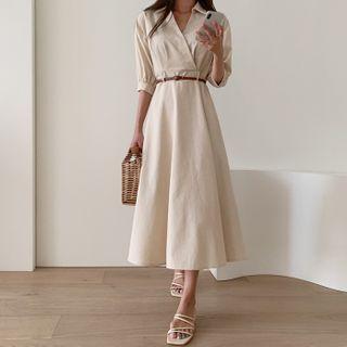 Belted Patch-pocket Long Wrap Dress