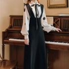 Set: Long-sleeve Dotted Shirt + Midi A-line Suspender Skirt