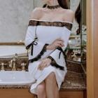 Lace Trim Off-shoulder Bell-sleeve Midi Sheath Dress