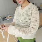 Long-sleeve Perforated Knit Top Almond - One Size
