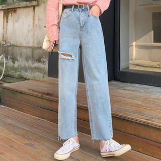 Frayed Hem Ripped Straight Fit Jeans