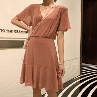 V-neck Glittered Mesh A-line Dress