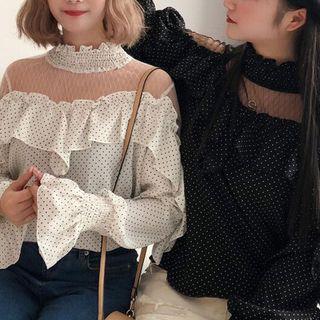 Mesh-panel Dotted Long-sleeve Blouse