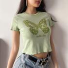 Butterfly-print Ruffled Crop T-shirt