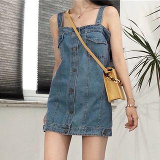 Spaghetti Strap Buttoned Denim Mini Sheath Dress As Shown In Figure - One Size