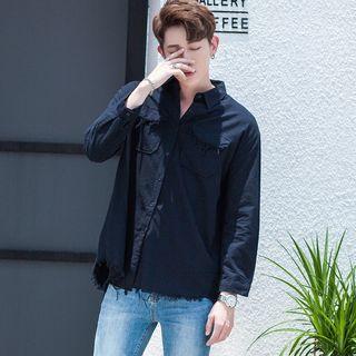 Long-sleeve Fray Hem Casual Shirt