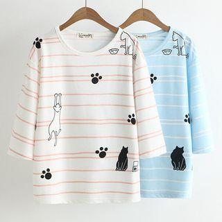 3/4-sleeve Cartoon Printed Striped T-shirt
