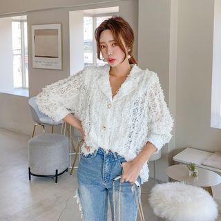 Open-placket Frayed Lace Blouse