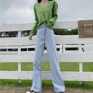Long-sleeve Plain Knit Top / High-waist Wide-leg Jeans