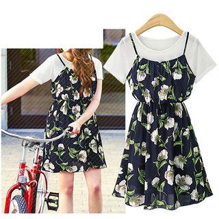 Floral Print Short-sleeve Mock Two-piece Dress
