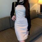 Long-sleeve Knit Panel Faux Suede Mini Dress White & Black - One Size