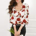 Long-sleeve Floral Print Blouse Red & White - One Size